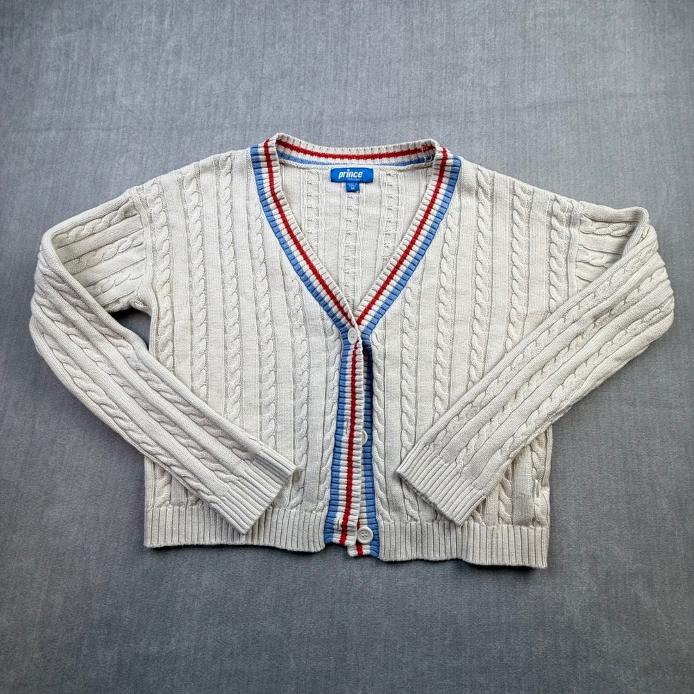 Prince Pickleball Womens Cream Cable Knit Cardigan Sweater Red Blue Trim Size M